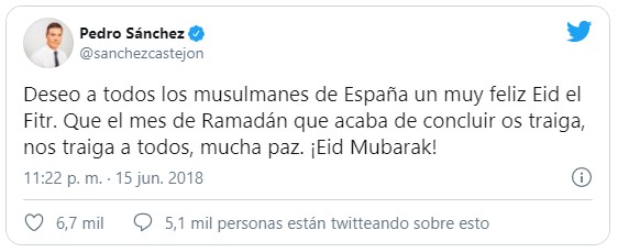 Pedro Sánchez felicita Ramadán, pero no Pascua