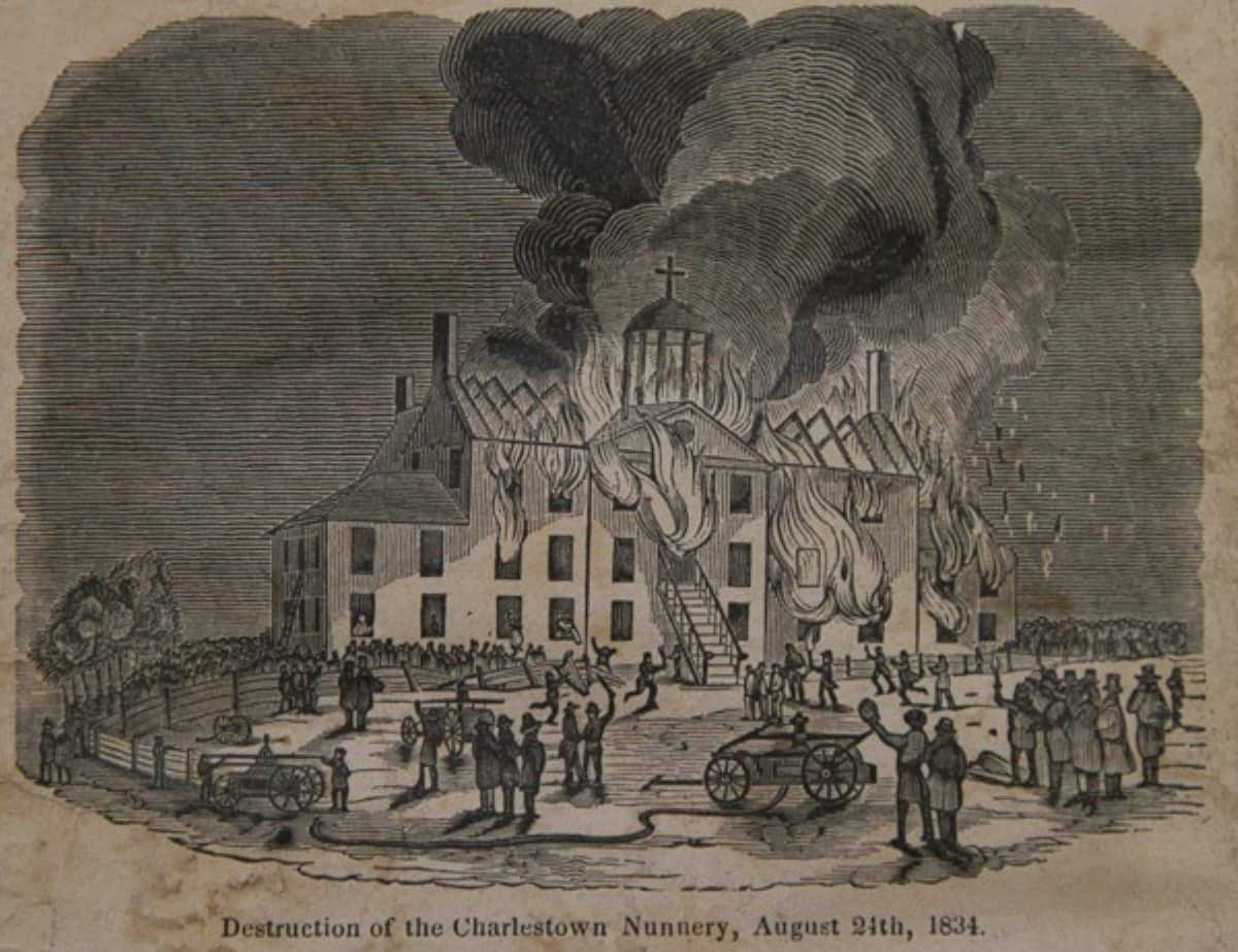 Destrucción e incendio del convento de las monjas ursulinas en Charlestown, 1834. 