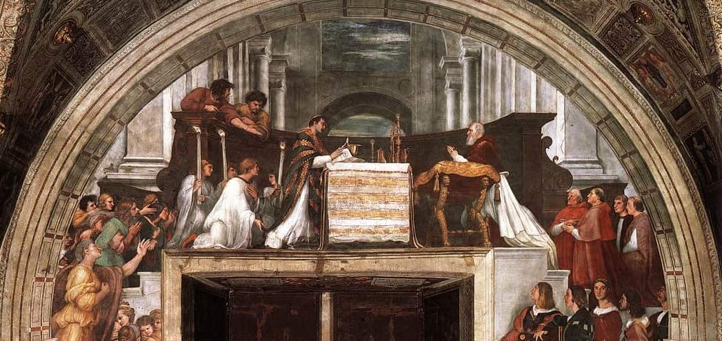 La Misa de Bolsena, fresco de Rafael en el Vaticano, con el milagro eucarístico de Bolsena
