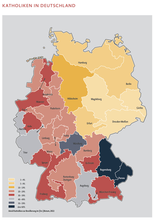 Mapa de porcentaje de católicos alemanes por estados.
