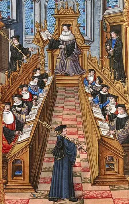Reunión de doctores en la Universidad de París en el siglo XVI. Biblioteca Nacional de Francia.