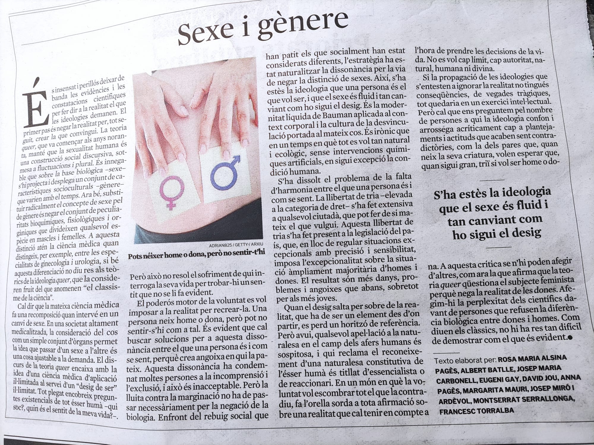 Artículo sobre sexo y género en la Vanguardia el 12 de noviembre por personalidades cristianas