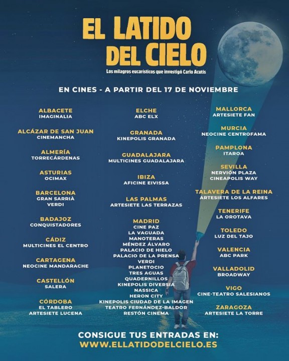 Todos los cines en los que puede verse en el estreno 'El latido del cielo' (ver abajo para saber las fechas y horas en las que estará presente la madre de Carlo Acutis).