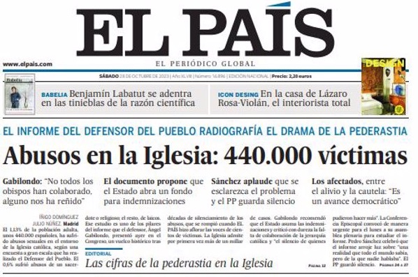 Portada de El País sobre abusos en la Iglesia en España con la cifra inventada de 400.000 víctimas