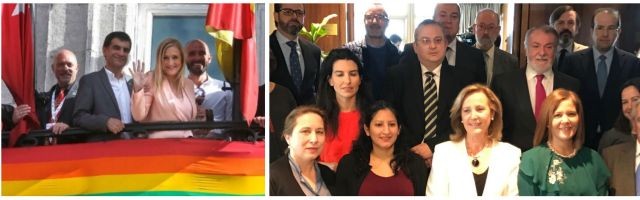 A la izquierda, Cristina Cifuentes, con los símbolos del lobby gay - a la derecha, la nueva Plataforma por las Libertades