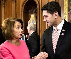 Nancy Pelosi, líder de la minoría demócrata en la Cámara de Representantes, junto a su sucesor y actual speaker (presidente), el republicano Paul Ryan. Un reparto de poder inverso al universitario.