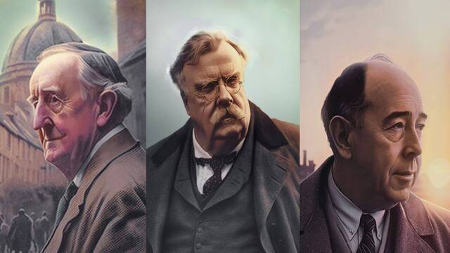 Retratos de Tolkien, Chesterton y Lewis.