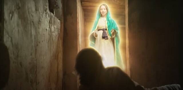 Escena de la película Guadalupe, la Virgen se aparece al tío de Juan Diego