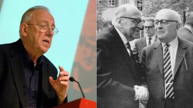 En la foto de la izquierda, Alasdair MacIntyre (n. 1929). En la foto de la derecha, Max Horkheimer (1895-1973, izquierda) y Theodor Adorno (1903-1969). 