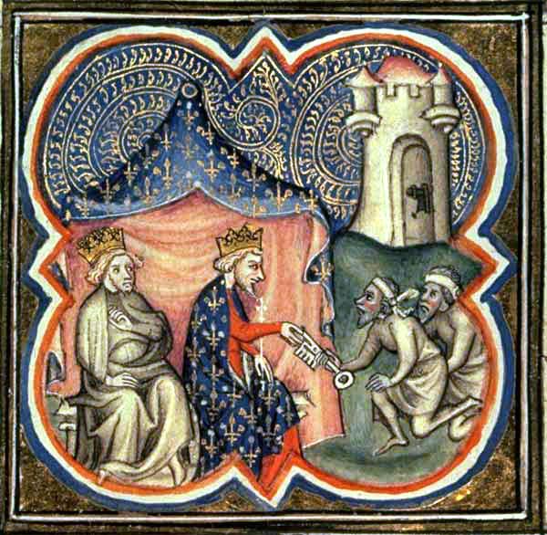 Ricardo (izquierda) y Felipe (derecha) reciben las llaves de Acre tras conquistar la ciudad. 
