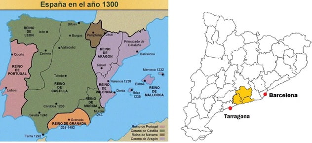 Mapa de España en el año 1300 y la zona del Penedés