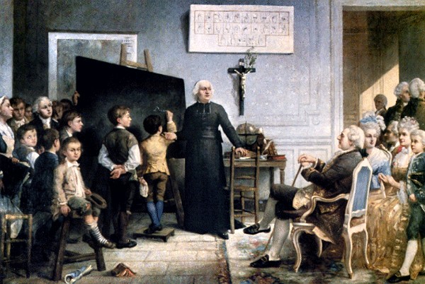 El abbé Épée instruye a sus alumnos en presencia del rey Luis XVI. Tabla de Gonzague Privat (1875).