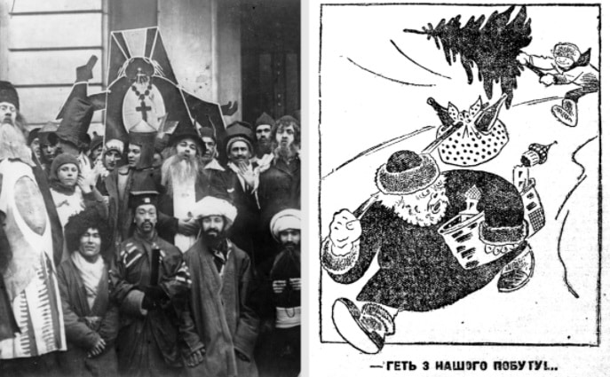 Actos antireligiosos soviéticos - carnaval de 1923 en Moscú - caricatura antinavidad 1928 Ucrania
