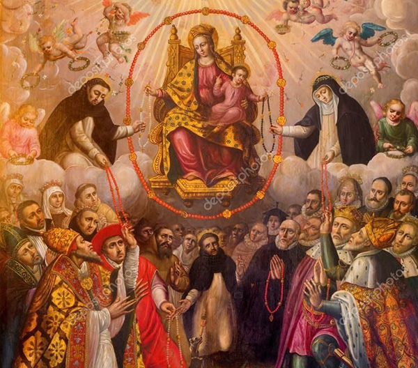 Un cuadro de la Virgen, los santos y el Rosario. 