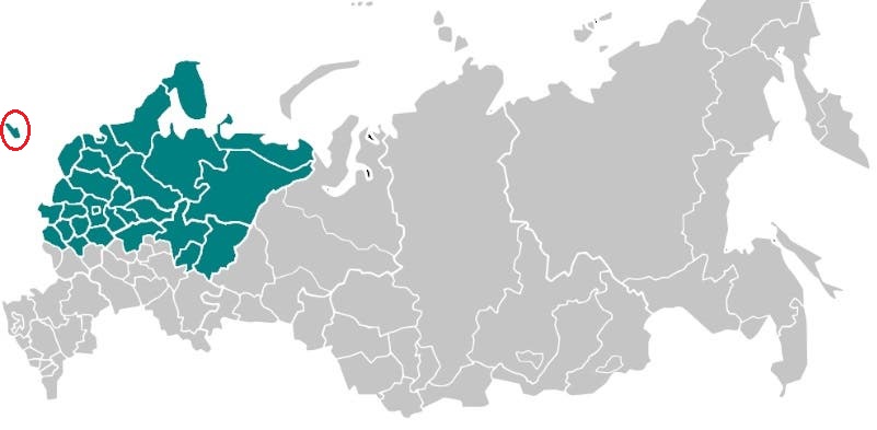 Mapa de la diócesis católica de Moscú, marcando el enclave de Kaliningrado