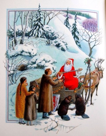 Ilustración tradicional de Papá Noel con los niños Pevensie en las Crónicas de Narnia