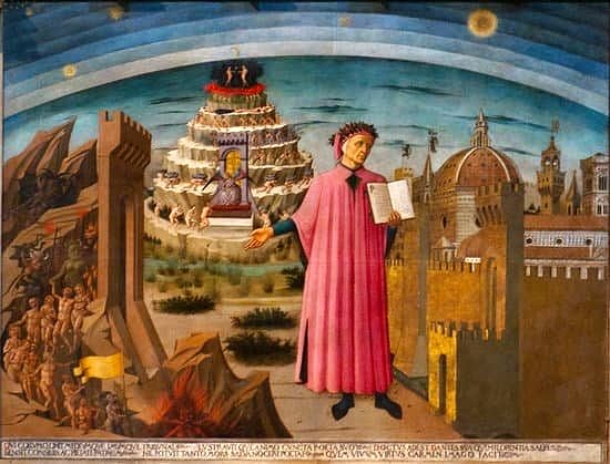 Dante Alighieri, con La Divina Comedia en las manos.