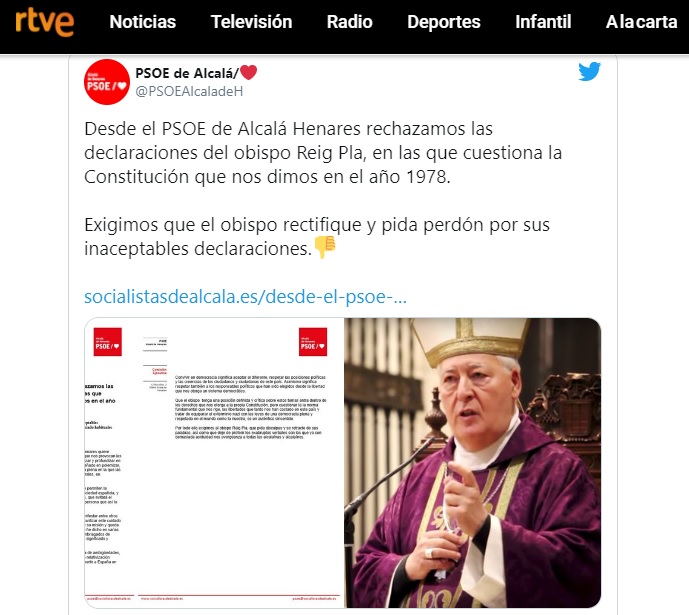 Pantallazo - RTVE se hace eco de la campaña socialista contra el obispo de Alcalá