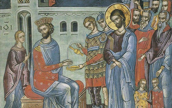 Poncio Pilatos se lava las manos, en un fresco antiguo.