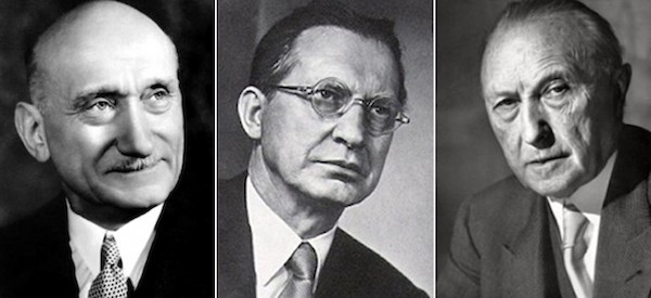 Robert Schuman, Alcide de Gasperi y Konrad Adenauer.