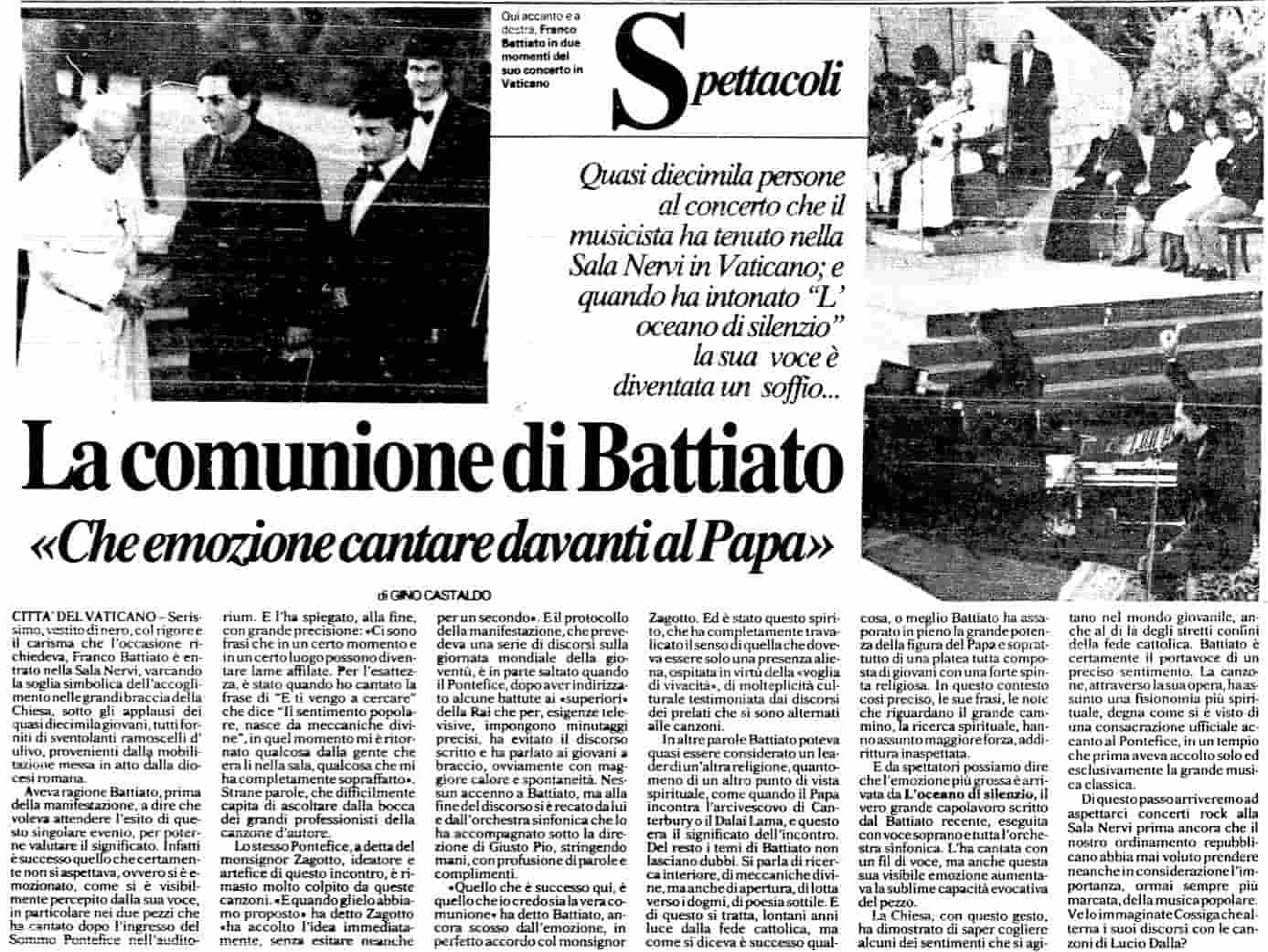 Recorte de prensa de 1989 del concierto de Franco Battiato con el Papa Juan Pablo II