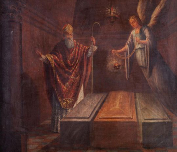 El Obispo Teodomiro en la tumba del Apóstol Santiago y sus dos discípulos.
