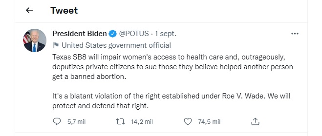 Joe Biden en Twitter sobre ley de latido fetal de Texas