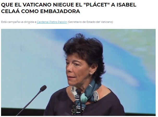 Campaña contra el nombramiento de Isabel Celaá como embajadora ante la Santa Sede.