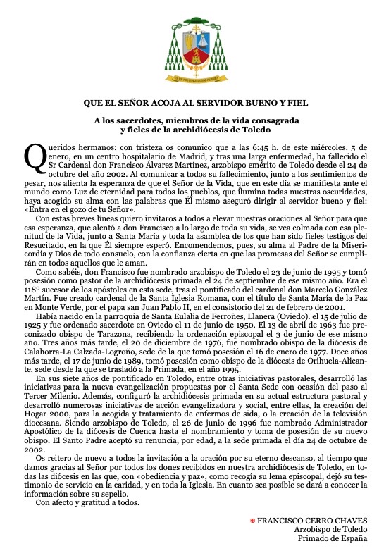 Comunicado de fallecimiento del cardenal Francisco Álvarez Martín.