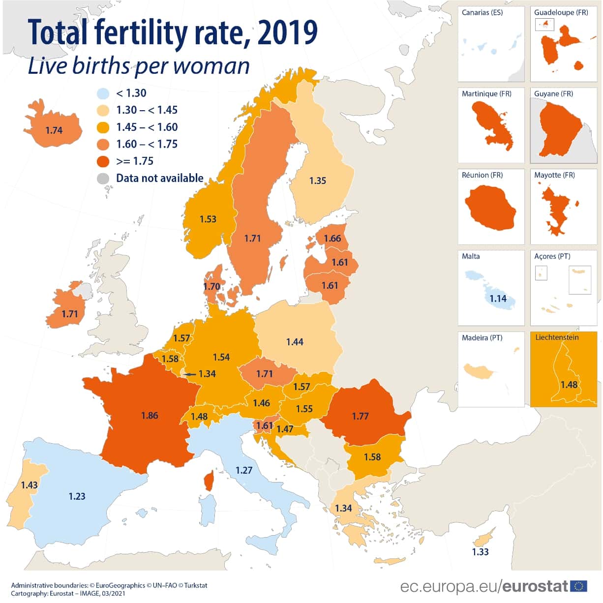 Tasa de fertilidad Eurostat 2019. 