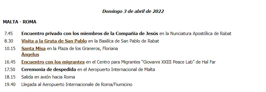 Programa del Papa Francisco en Rabat del 3 de abril. 
