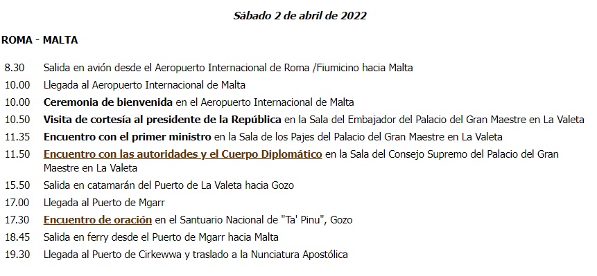 Programa del 2 de abril en Malta del Papa Francisco.