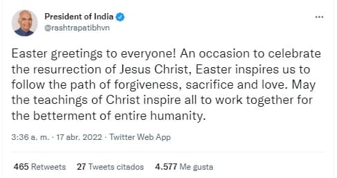 Presidente de India felicita la Pascua 2022