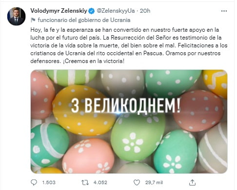 Zelenskyi, de origen judío, felicita la Pascua latina en contexto de guerra