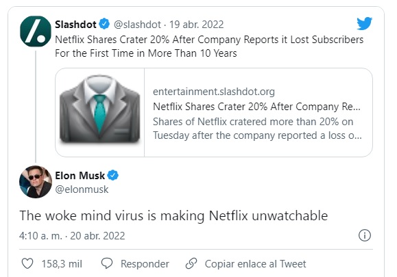 Twitter de Elon Musk sobre Netflix. 