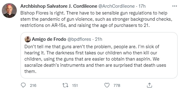 Declaraciones de Cordileone en Twitter sobre controles a armas de fuego