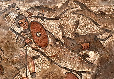 Los peces del Mar Rojo se comen a soldados y caballos del Faraón -sinagoga de Huqoq, año 400