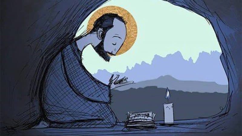 San Ignacio en su cueva de Manresa prepara sus ejercicios espirituales - dibujo