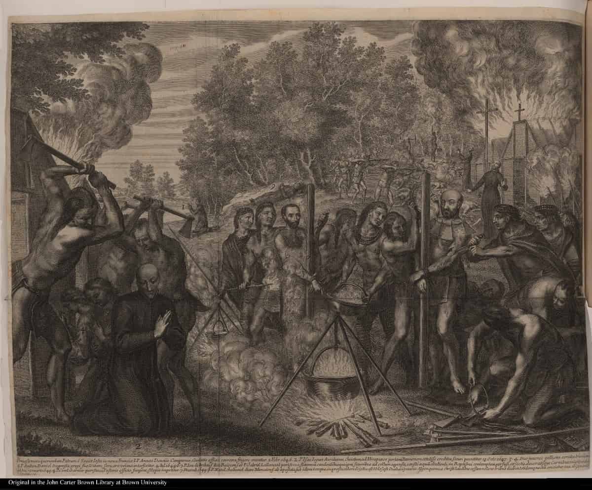 Un grabado del siglo XVII recoge con detalle las torturas a los mártires jesuitas de Canadá