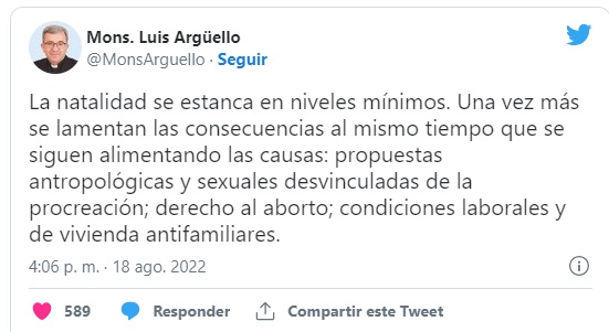 Tuit de Luis Argüello comentando la nueva ley de aborto del Gobierno español