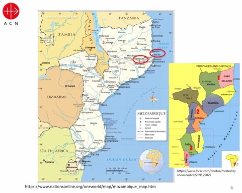 Mapa de Mozambique con las zonas atacadas en septiembre de 2022