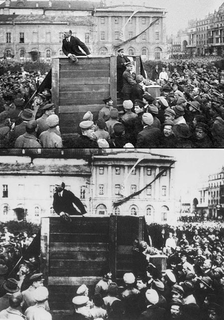 Lenin arenga a las tropas en la plaza Sverdlov de Moscú el 5 de mayo de 1920. Arriba, la foto original, donde se ve a Kamenev y a Trotsky a la derecha de la foto, en la escalera. En la foto oficial posterior a su caída en desgracia (abajo), ambos desaparecieron.