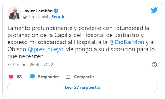 Lambán condena profanación de la capilla del Hospital de Barbastro