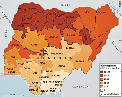 Mapa religioso de Nigeria: en marrón de distintas intensidades, la proporción de población musulmana.