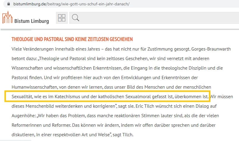 La diócesis de Limburgo declara überkommen, superada, la moral sexual del Catecismo