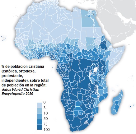 Mapa regiones de África 2020 y porcentaje de población cristiana