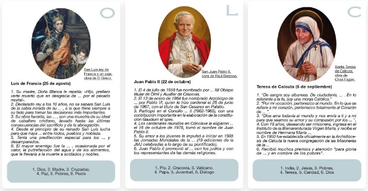 Varias cartas del juego Gánate el Cielo, sobre santos católicos de distintas épocas