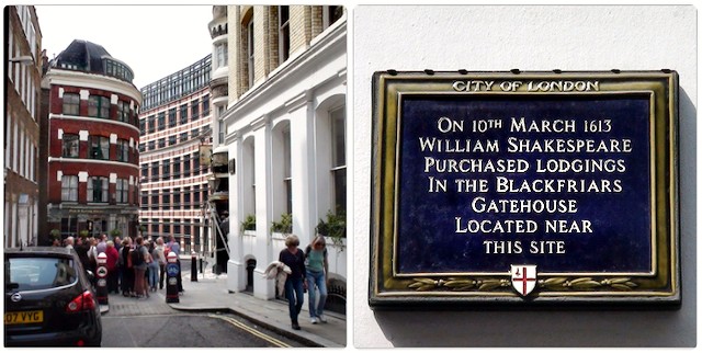 Una placa en 7 St Andrew's Hill, en Londres, muestra el lugar cerca del cual estuvo la Blackfriars House que Shakespeare compró el 10 de marzo de 1613.
