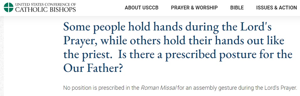 Preguntan a los obispos de EEUU sobre las manos de la asamblea en el Padrenuestro en misa y responden que no hay norma establecida