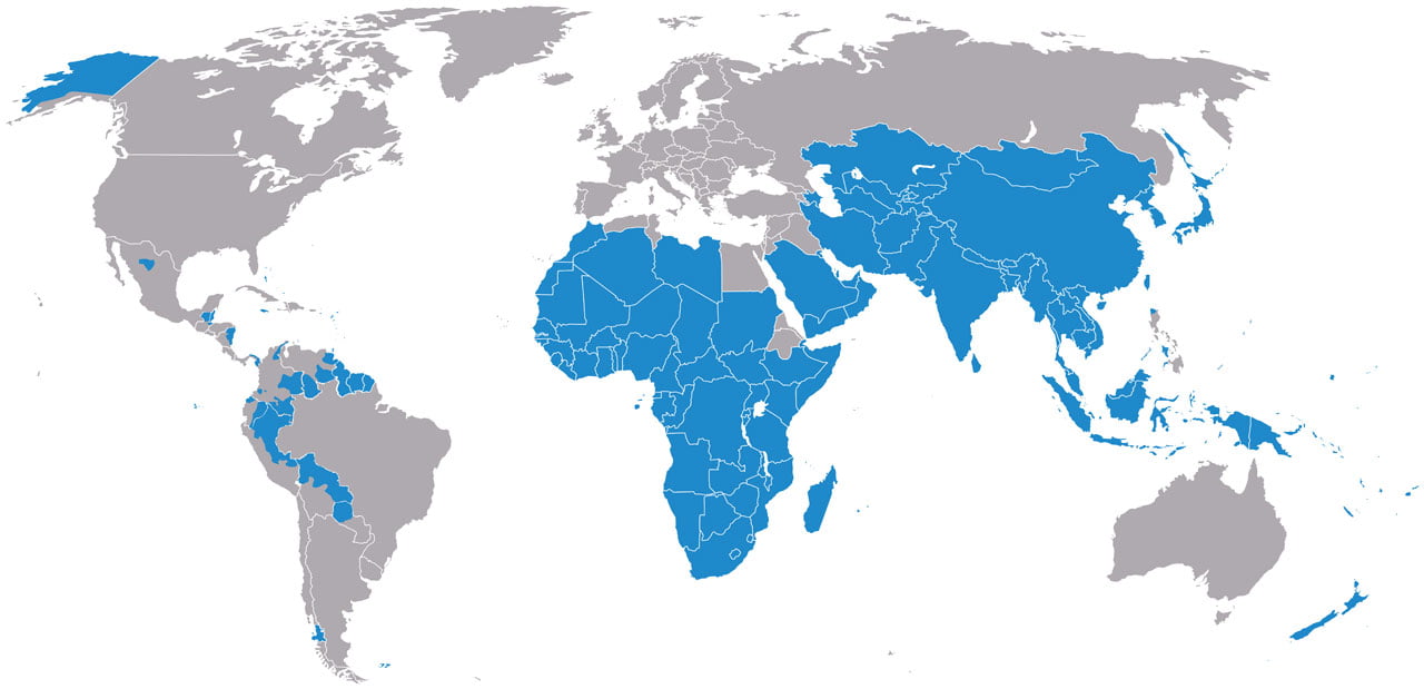 Mapa de los territorios d emisión de la Iglesia Católica, según OMP hacia 2023